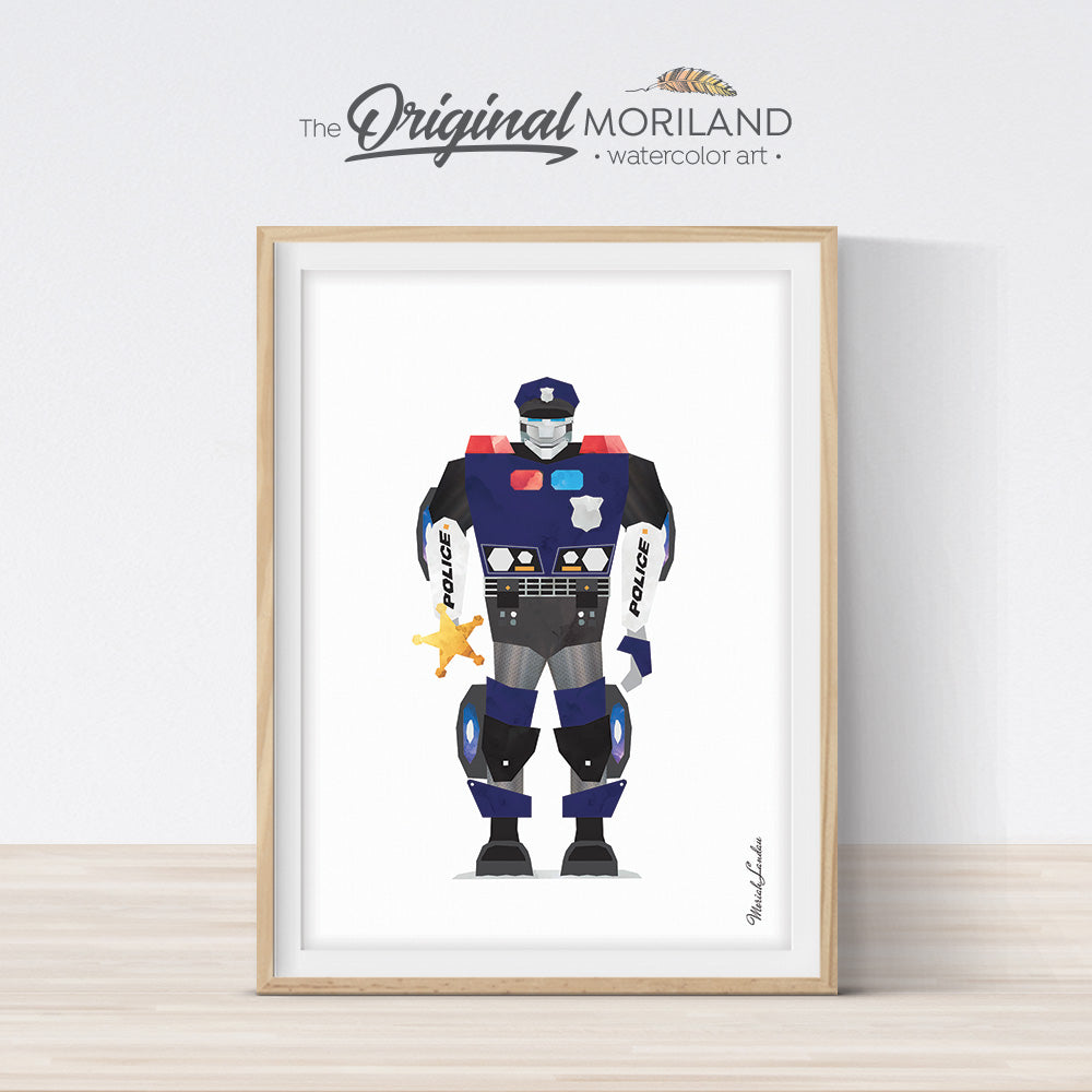 watercolor police robot print for boy room decor 