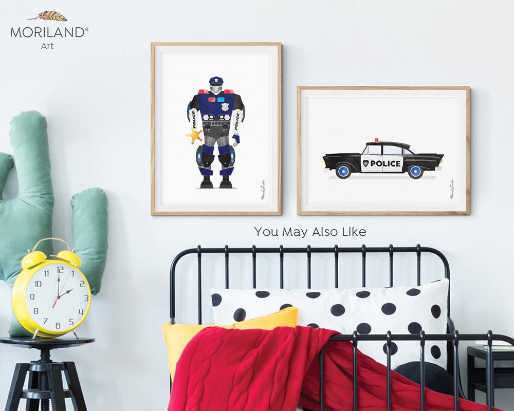 watercolor police car robot print for boy room decor 