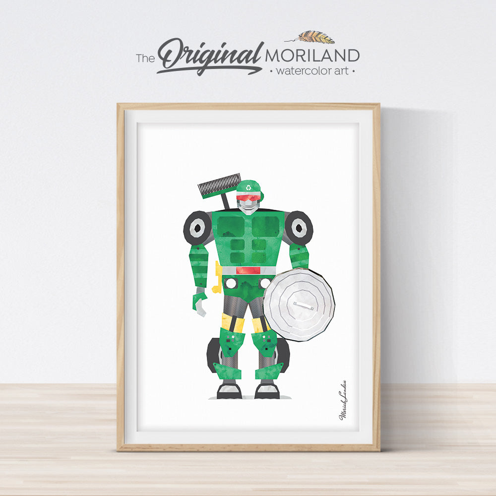 watercolor garbage truck robot print for boy room decor 