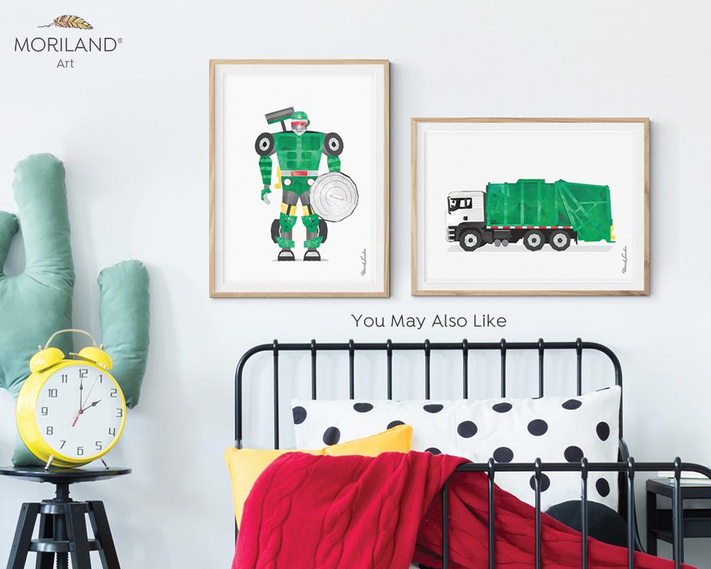 watercolor garbage truck robot print for boy room decor 