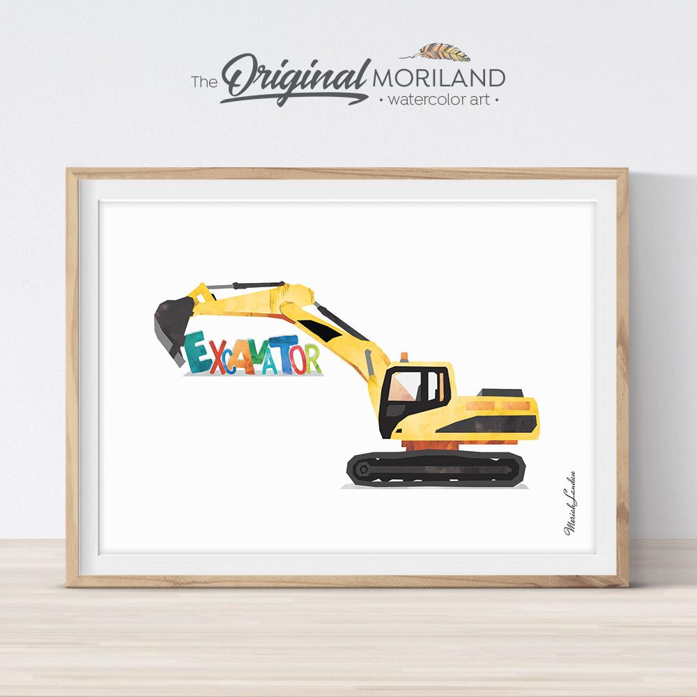 Excavator digger watercolor artwork painting for boy bedroom decor by MORILAND