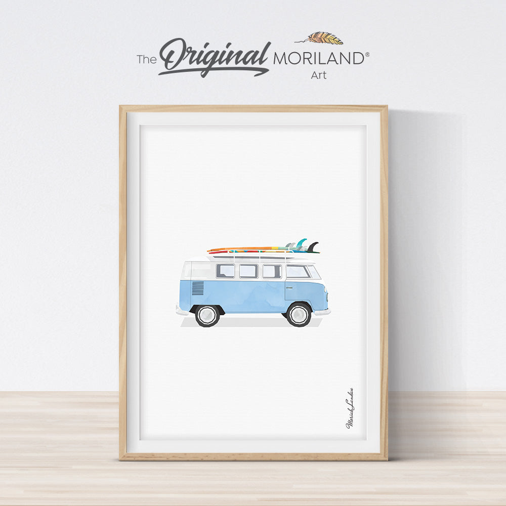 Baby Blue Van with Surfboard Print | Vertical - Printable Art