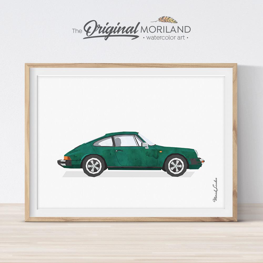 British Racing green Classic sports car art print for boy room decor by MORILAND