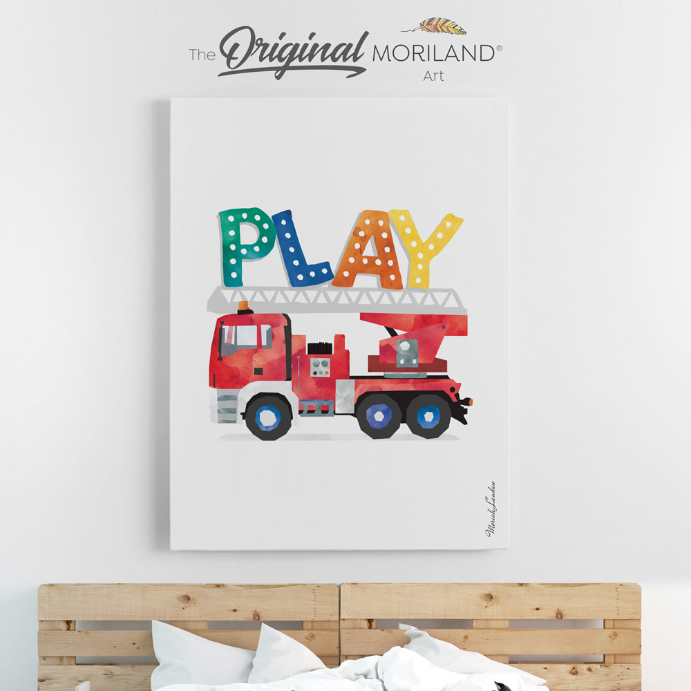MORILAND - Unique Transportation Wall Art -  PLAY Sign with Fire Truck for Playroom Canvas Print | Firetruck Print, Fire Truck Canvas Print, Fire Engine Canvas Print, Transportation Decor, Big Boy Room Decor, Toddler Boy Room Decor, Kids Bedroom Art, Preschool Canvas, Kids Poster