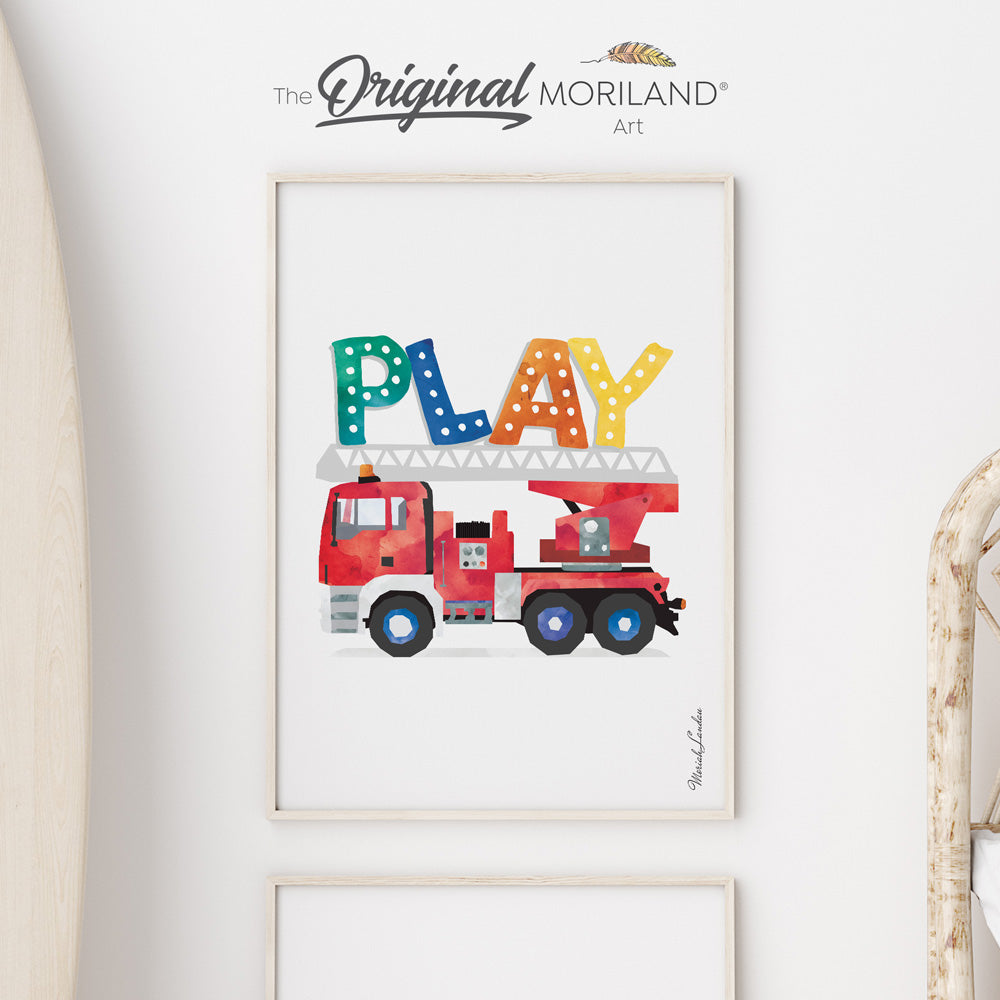 MORILAND - Unique Transportation Wall Art -  PLAY Sign with Fire Truck for Playroom | Vertical Fine Art Paper Print, Vehicle Print, Fire Truck Art, Construction Print, Toddler Room Decor, Firetruck, Boy Nursery Decor, Truck Print, Transportation Decor Kids Poster, Playroom Sign