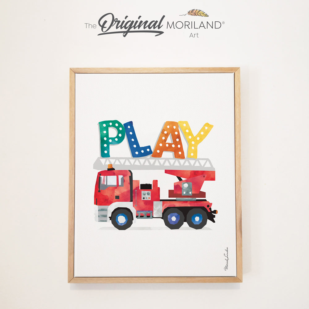 MORILAND - Unique Transportation Wall Art -  PLAY Sign with Fire Truck for Playroom - Framed Canvas Print | Fire Truck Print, Firetruck Art, Boys Nursery Decor, Play Sign, Girl Boy Room Wall Decor, Motivational Poster Decor, Transportation Decor, Vehicle Print, Kids Wall Art by MORILAND