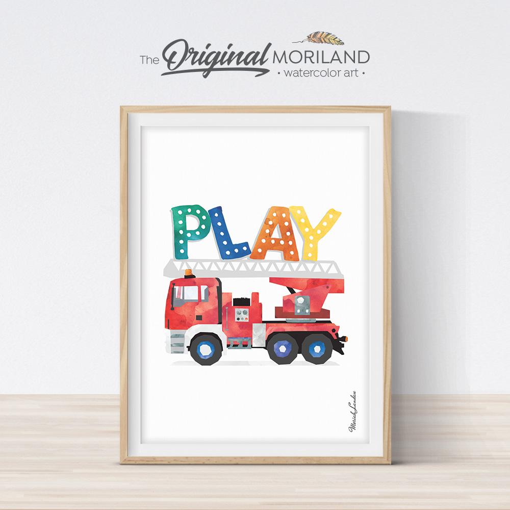 PLAY sign with fire engine drawing for playroom and bedroom decor by MORILAND