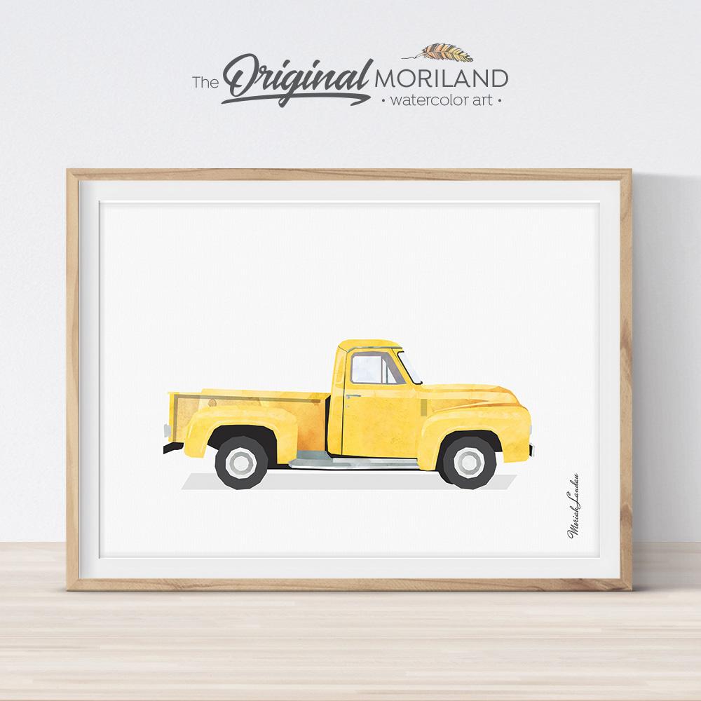 1953 Yellow Old timer pickup truck print for boy and girl room decor by MORILAND