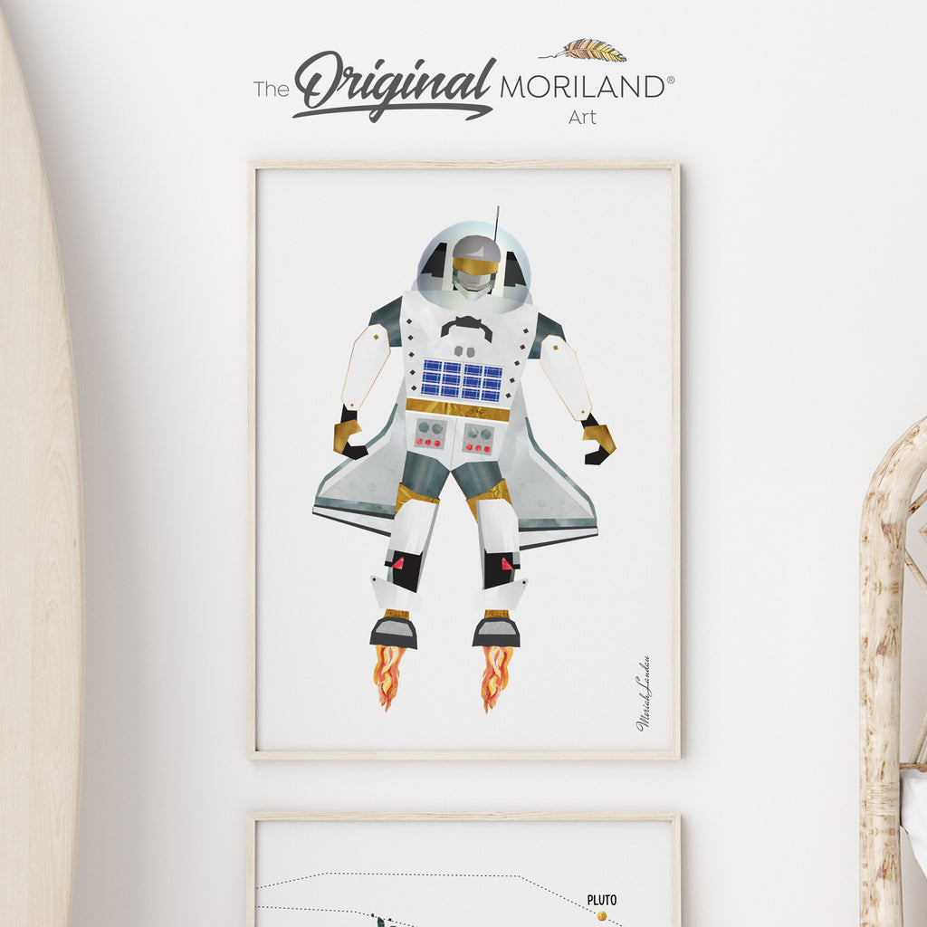 Houston the Space Robot Fine Art Paper Print, Space Shuttle Robot Print, Space Art, Astronaut, Space Wall Decor, Spaceship Art, Outer Space Poster, Galaxy Wall Art, Space Room Decor, Nursery Art, Kids Poster, Boy and Girl Bedroom Decor, MORILAND Art