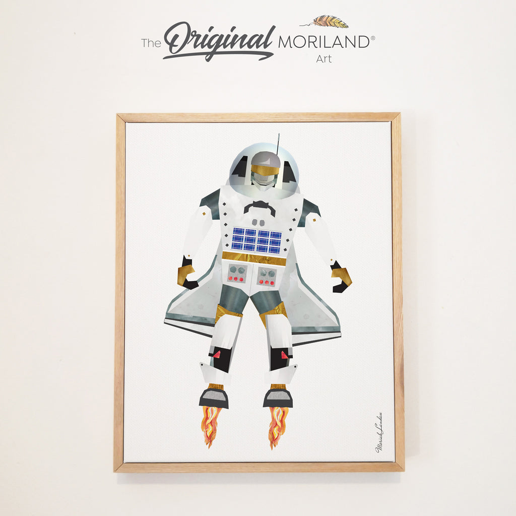Houston the Space Robot - Framed Canvas Print | Astronaut Print, Space Bedroom Wall Decor, Space Shuttle Robot, Robot Wall Art, Sapce Nursery, Kids Poster by MORILAND
