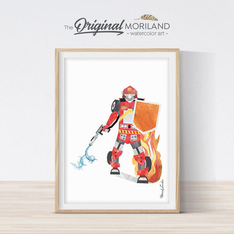 Fire engine firefighter robot illustration for boy bedroom decor