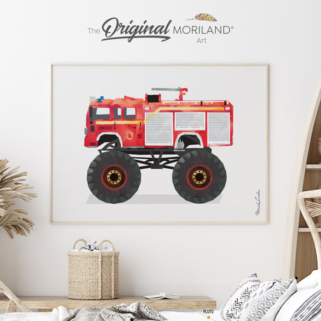 Fire Truck Monster Truck Fine Art Paper Print, Fire Truck Art, Car Print, Fire Truck Decor, Transportation Decor, Vehicle Print, Vehicle Art, Fire Engine Boy Bedroom Ideas, Automobile Art, Kid Room Decor, Classroom Wall Art, Kids Poster by MORILAND