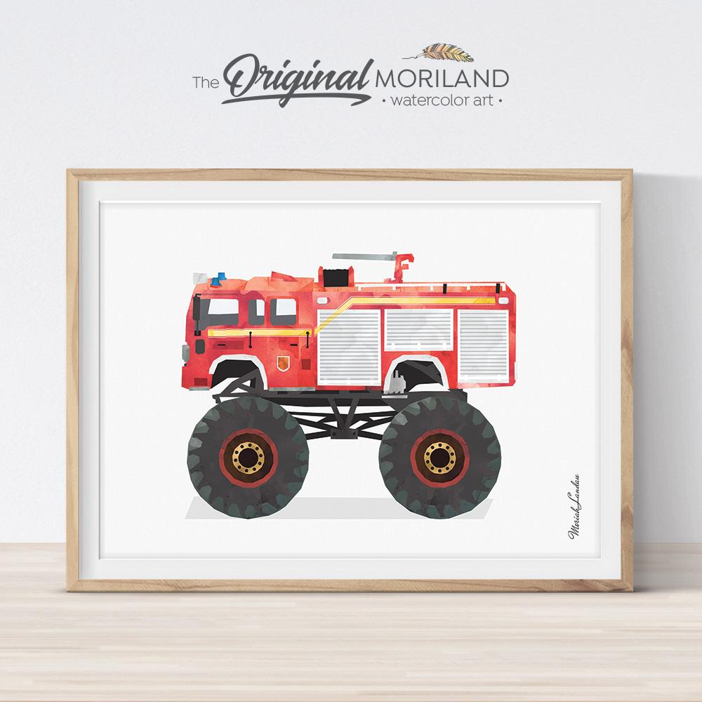 Fire truck fire engine monster truck art for boy bedroom decor and printable for monster truck birthday
