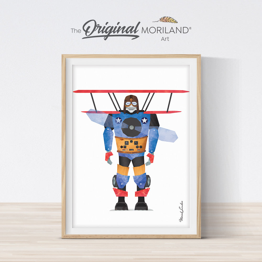 Blake the Vintage Biplane Robot Print - Printable Art