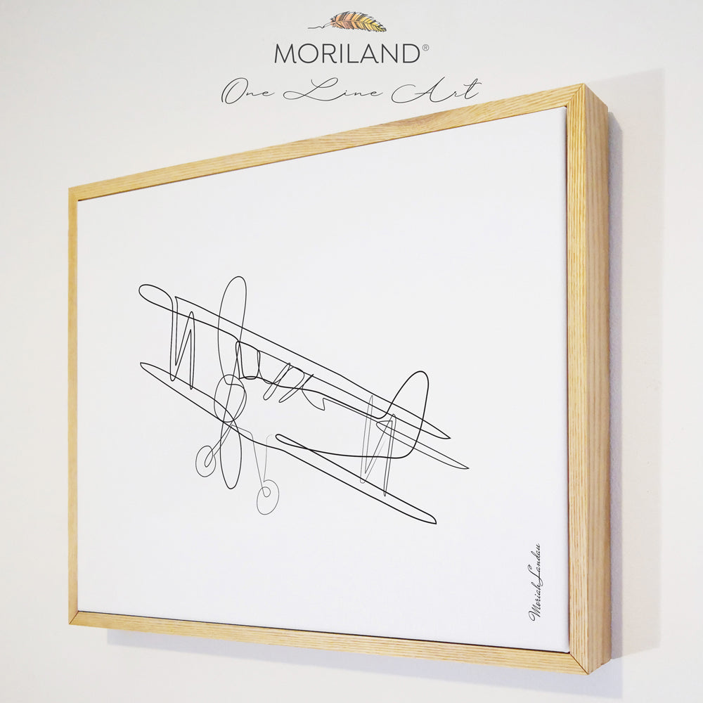 Biplane - One Line Art Drawing - Framed Canvas Print