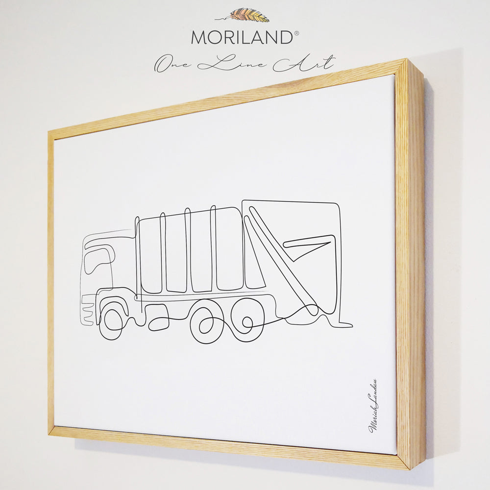 Garbage Truck - One Line Art Drawing - Framed Canvas Print