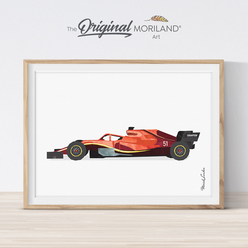 open-wheeled single-seater Motorsport road racing car art print for boy room decor by MORILAND
