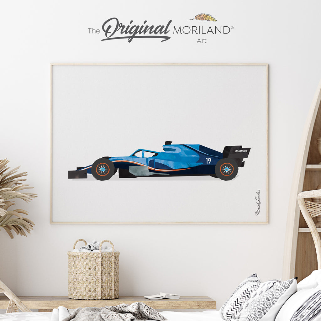 Blue Classic Road Racing Car Fine Art Paper Print for race car boy bedroom