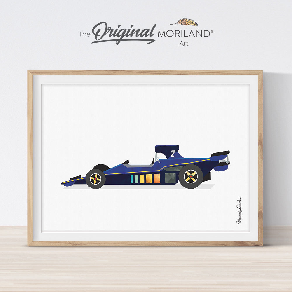 Blue vintage race car print for boy bedroom decor by MORILAND