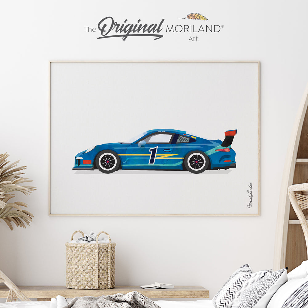 Race car watercolor art print for boy room decor by MORILAND