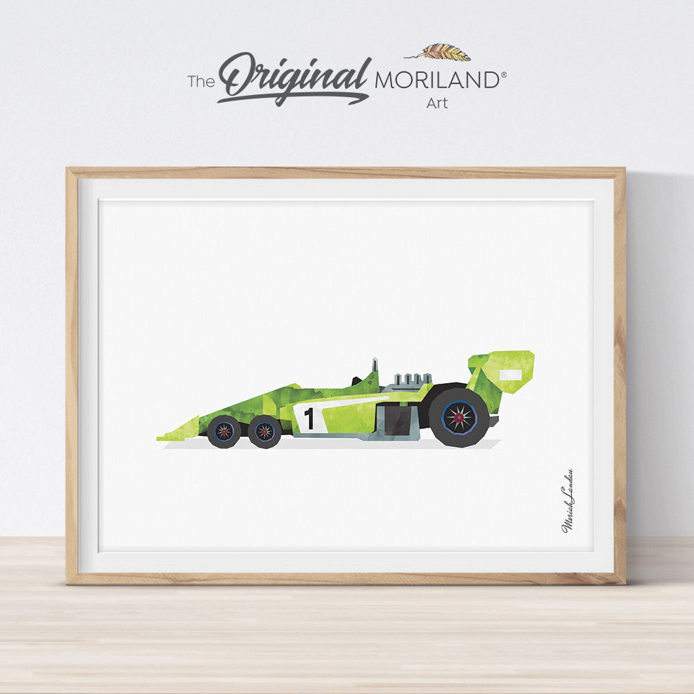 Watercolor race car print for boy bedroom decor by MORILAND