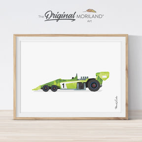 Watercolor race car print for boy bedroom decor by MORILAND