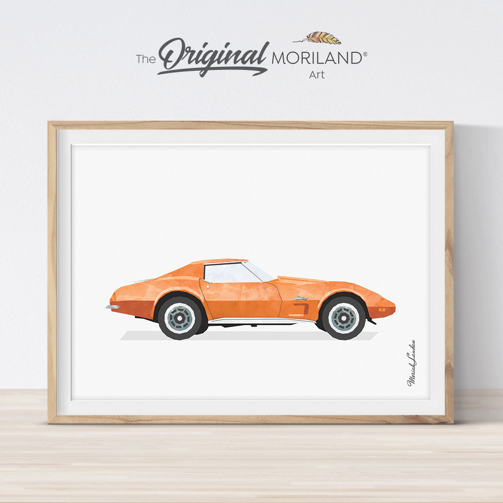 Classic Orange Sports Car Print - Printable Art, Classic Car Print, Car Print, Transportation Wall Art, Boy Bedroom Decor, Printable Car, Vehicle Art, Muscle Car, Sports Car Illustration, Transportation Decor, Kids Poster by MORILAND