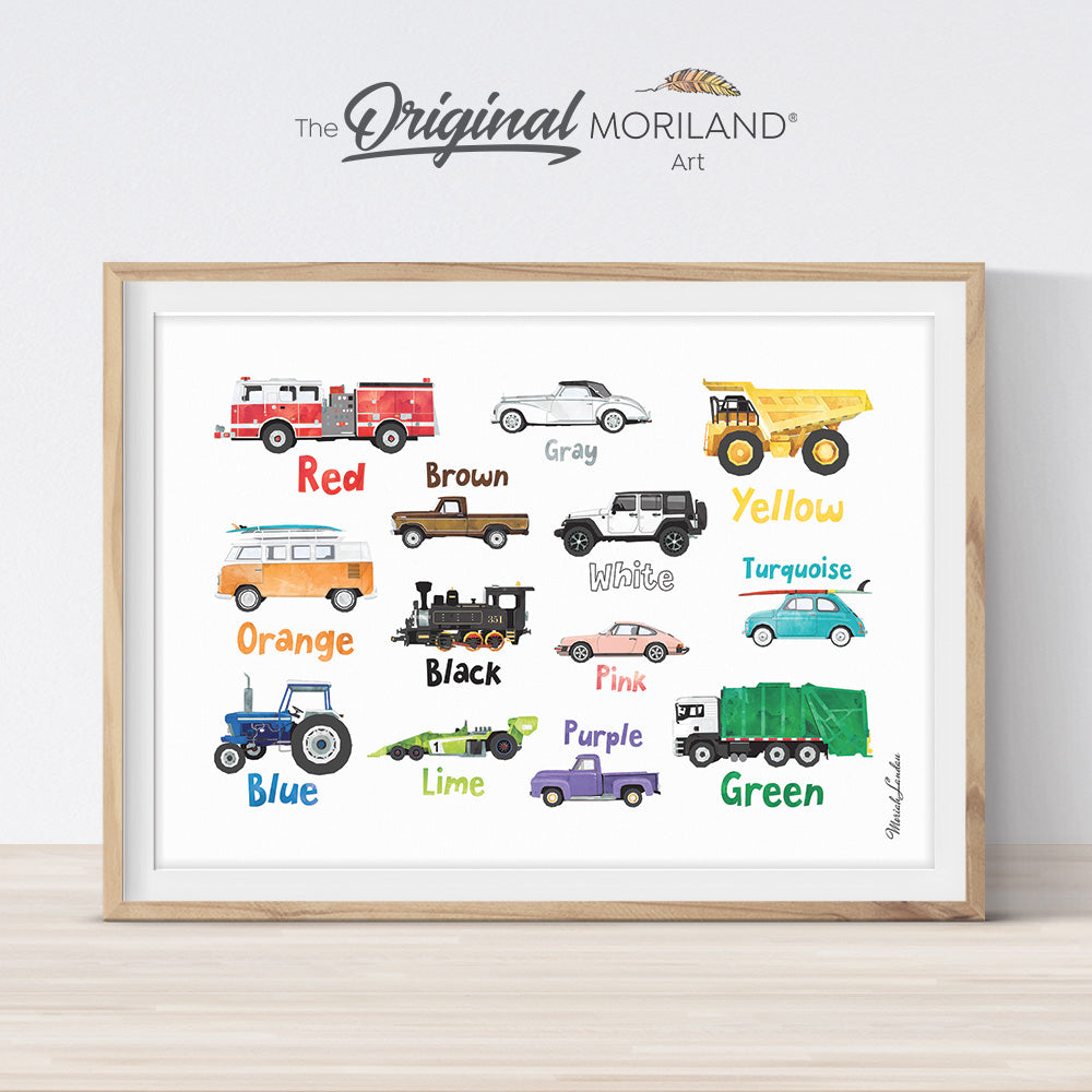 Learning colors print, preschool printable, vehicles by MORILAND