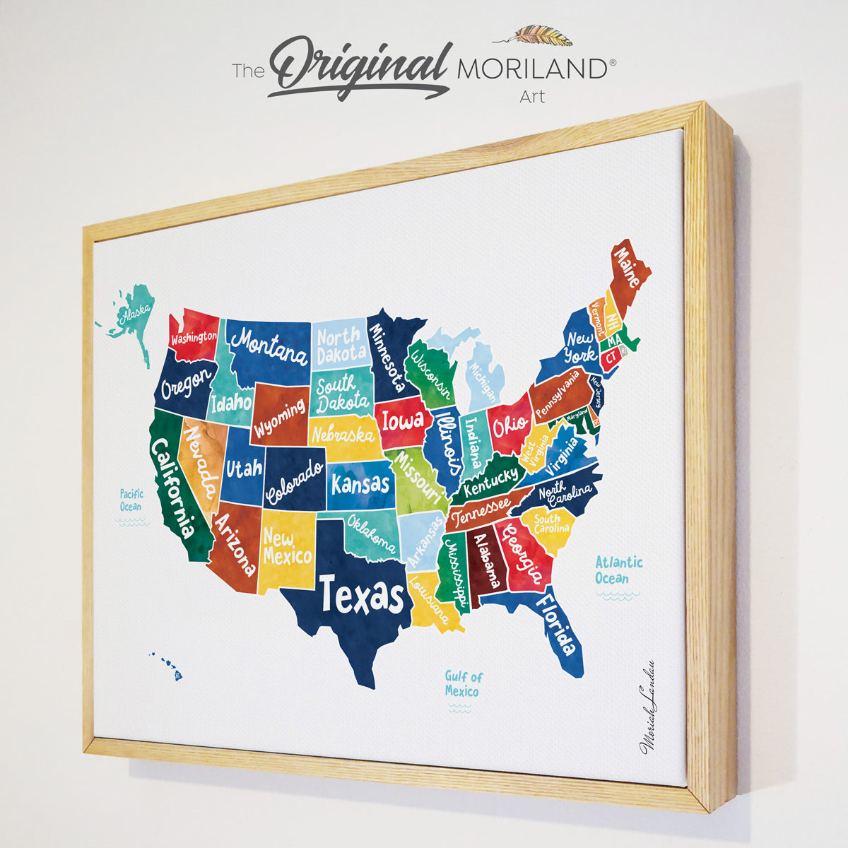 Large Watercolor US Map for kids bedroom- Framed Canvas Print by MORILAND