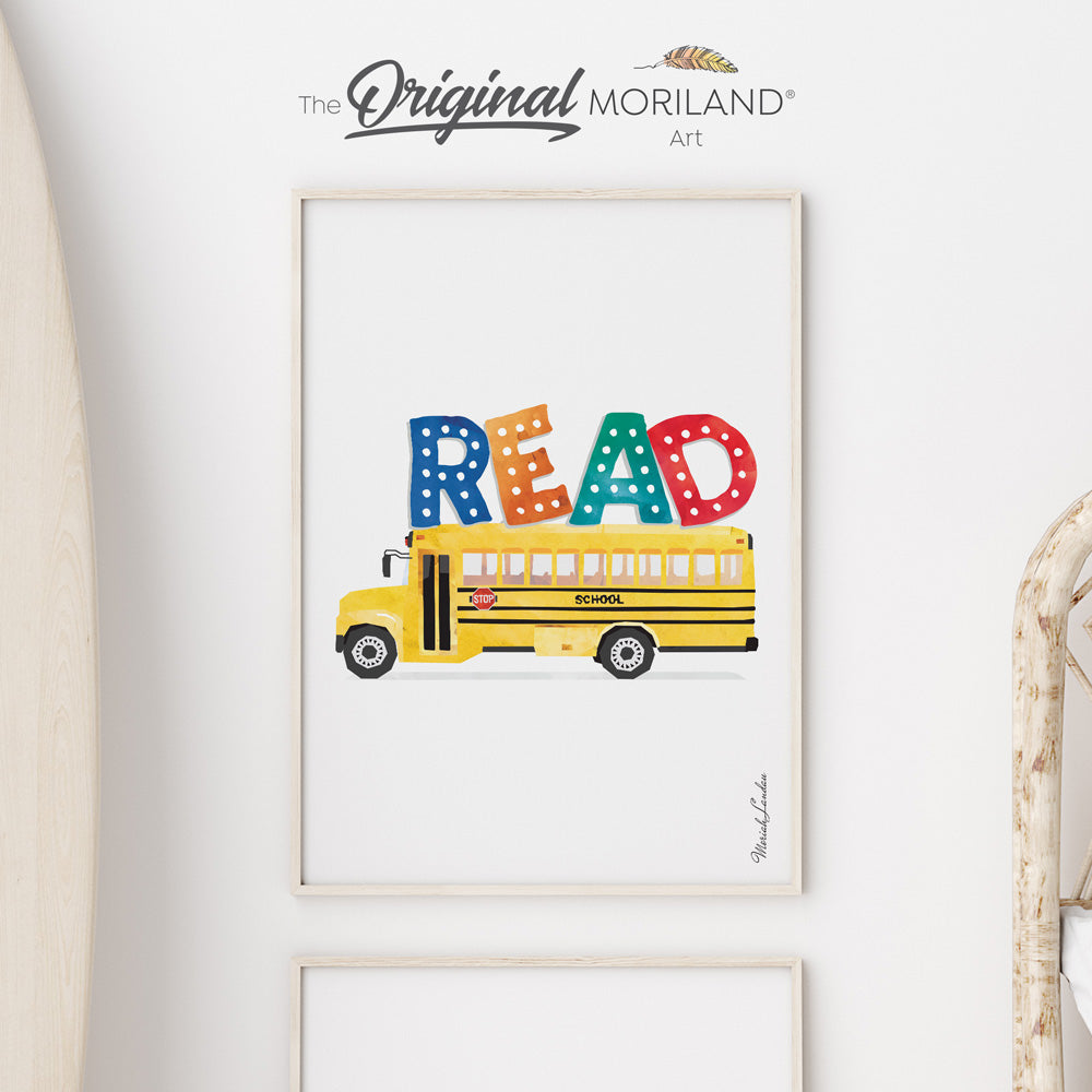 MORILAND - Unique Transportation Wall Art -  READ Print with School Bus | Vertical Fine Art Paper Print, Vehicle Print, School Bus Art, Construction Print, Toddler Room Decor, Preschool Decor, Boy Nursery Decor, Reading Poster, Transportation Decor Kids Poster, Playroom Sign