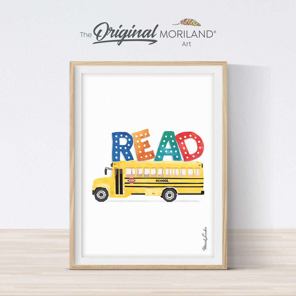 READ work art print printable with school bus for kids room decor by MORILAND