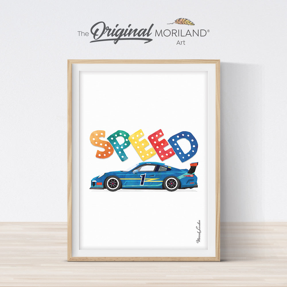 Speed Quote art print with race car for boy bedroom decor, printable, by MORILAND 