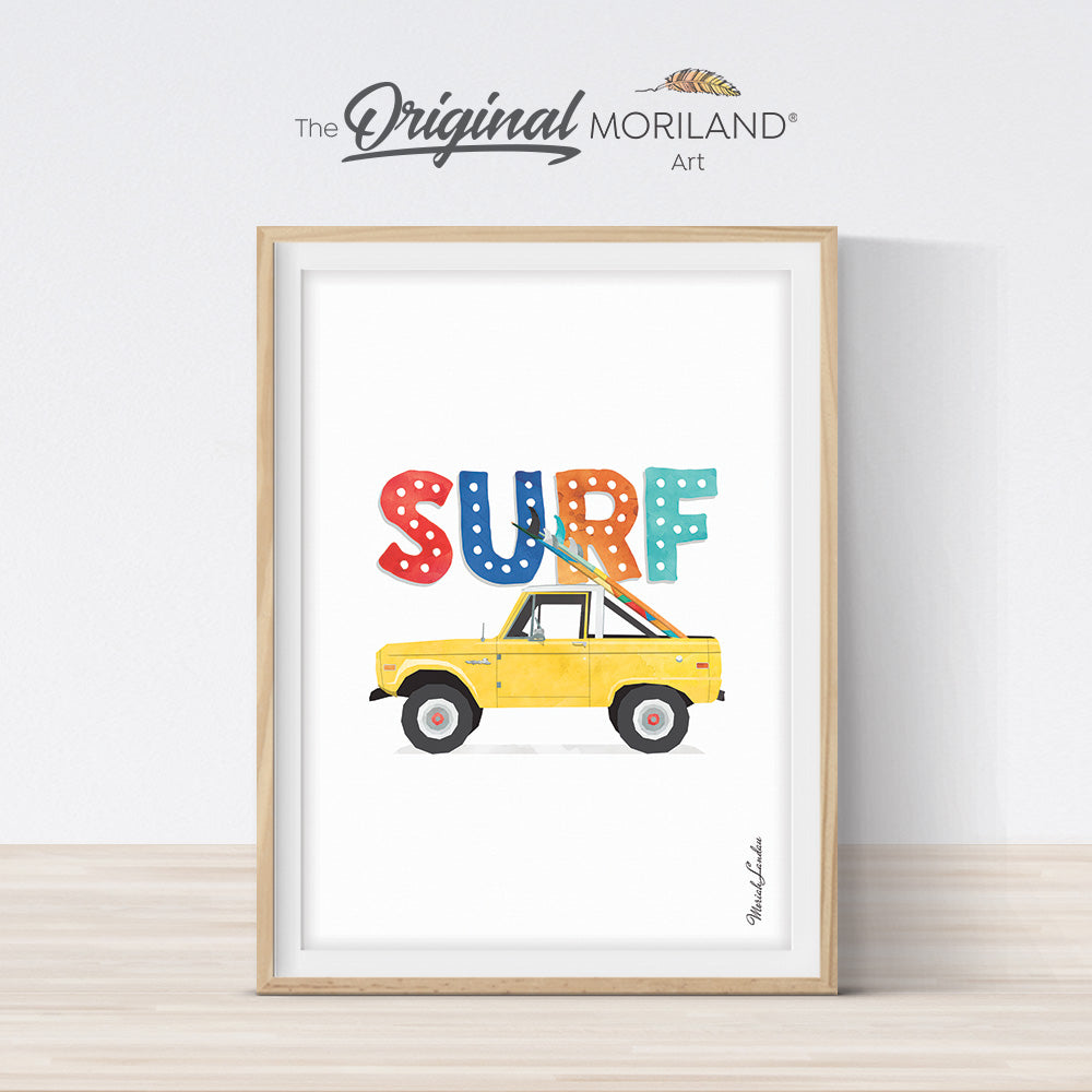 Surf word print with car with surfboard for bedroom decor by MORILAND