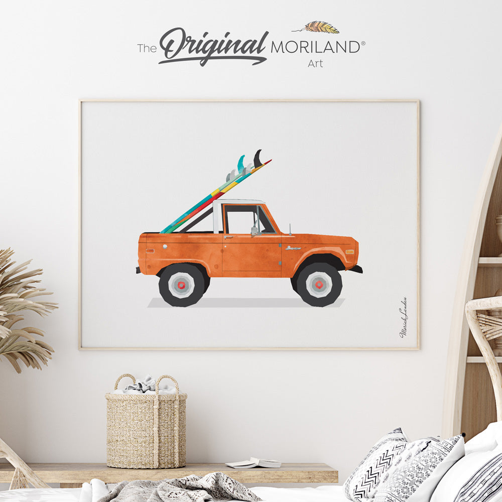 bronco truck with surfboard surf wall art print poster for kids bedroom