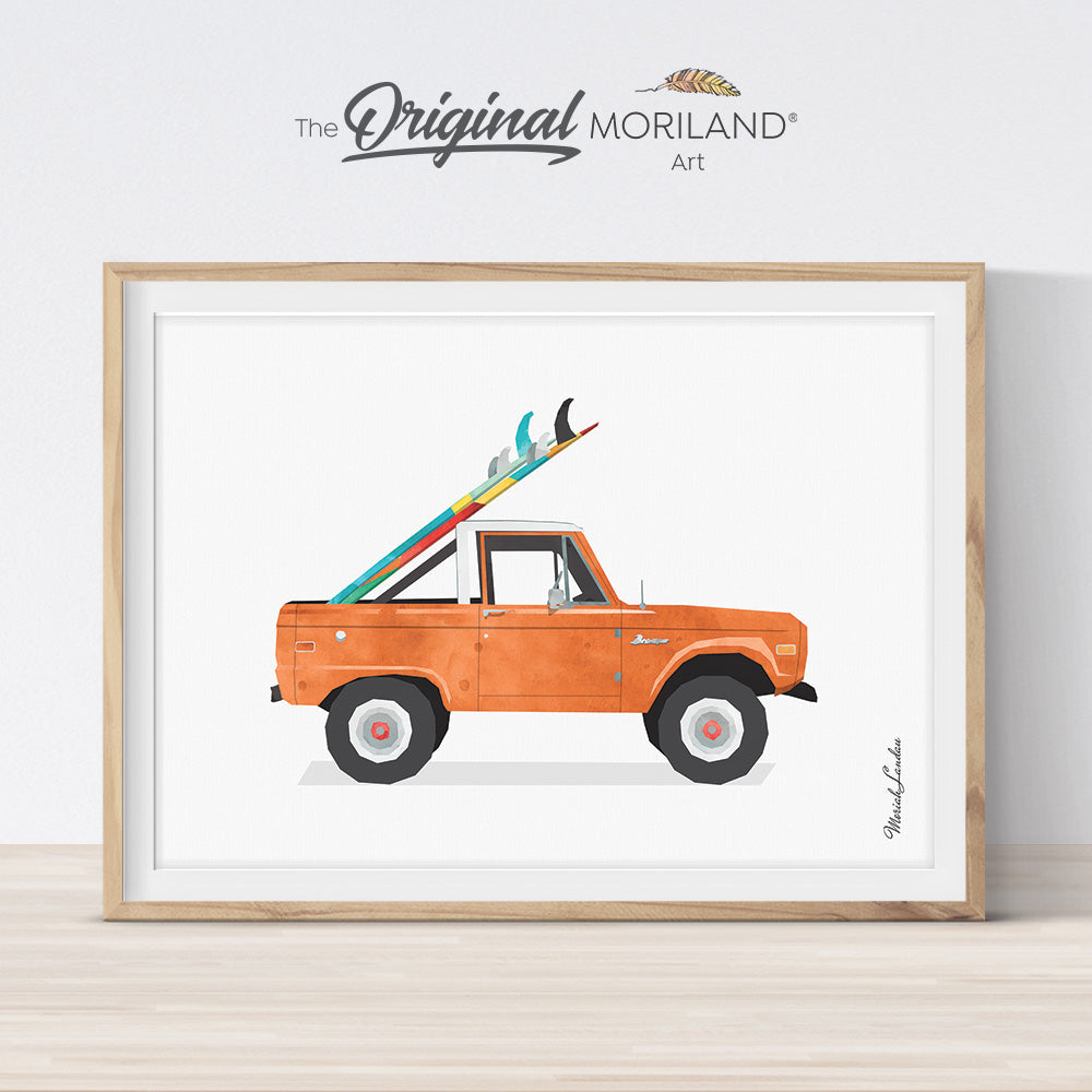 Burnt Orange Open Truck with Surfboard Print - Printable Art