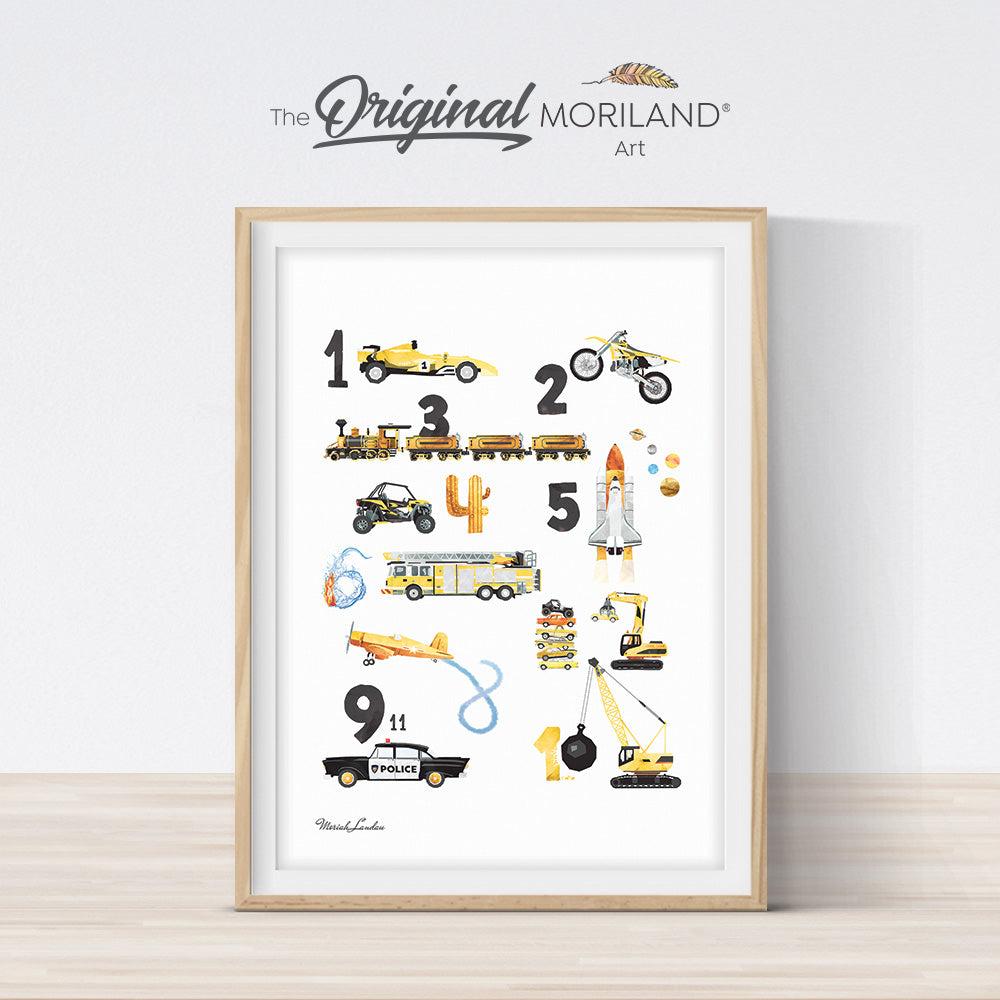 Numbers Transportation Yellow Print - Printable Art