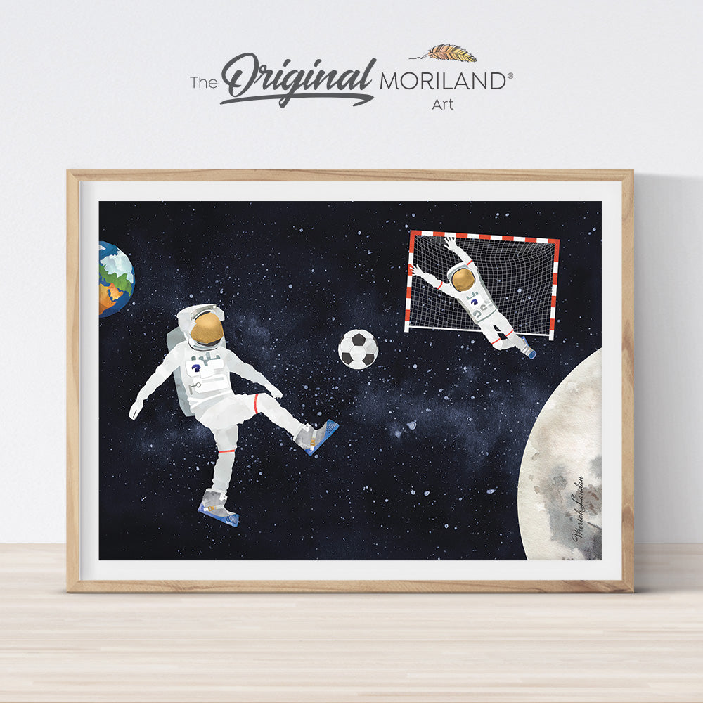 Soccer playing soccer outer space wall art print by MORILAND