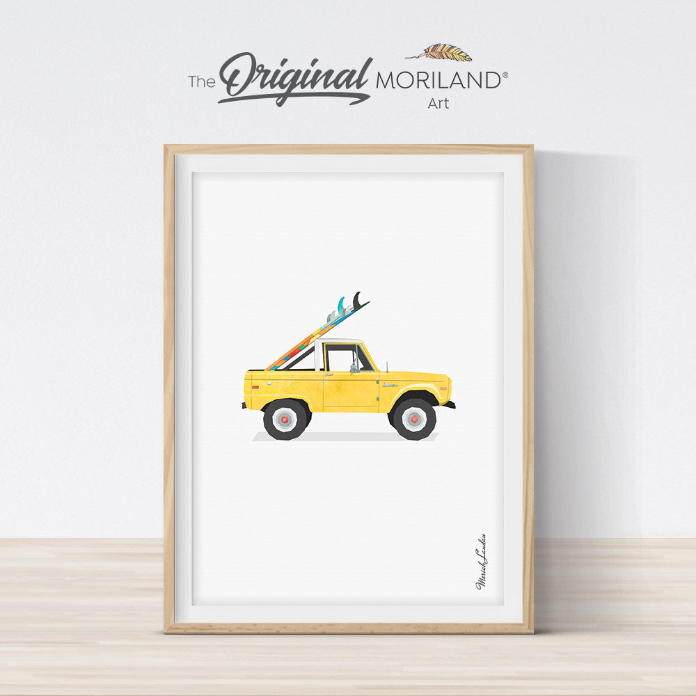 vintage truck with surfboard wall art print for boy bedroom decor by MORILAND