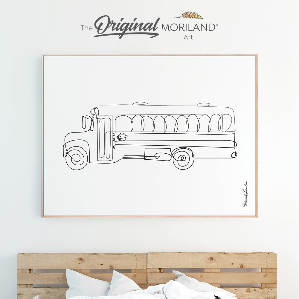 One line drawing art of school bus for minimalist boy room decor by MORILAND
