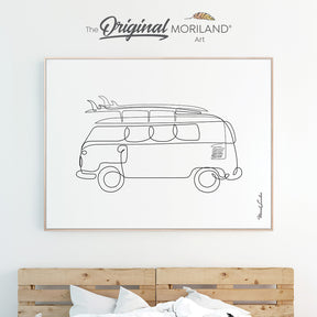 One line art drawing of van with surfboard for bedroom minimalist decor by MORILAND