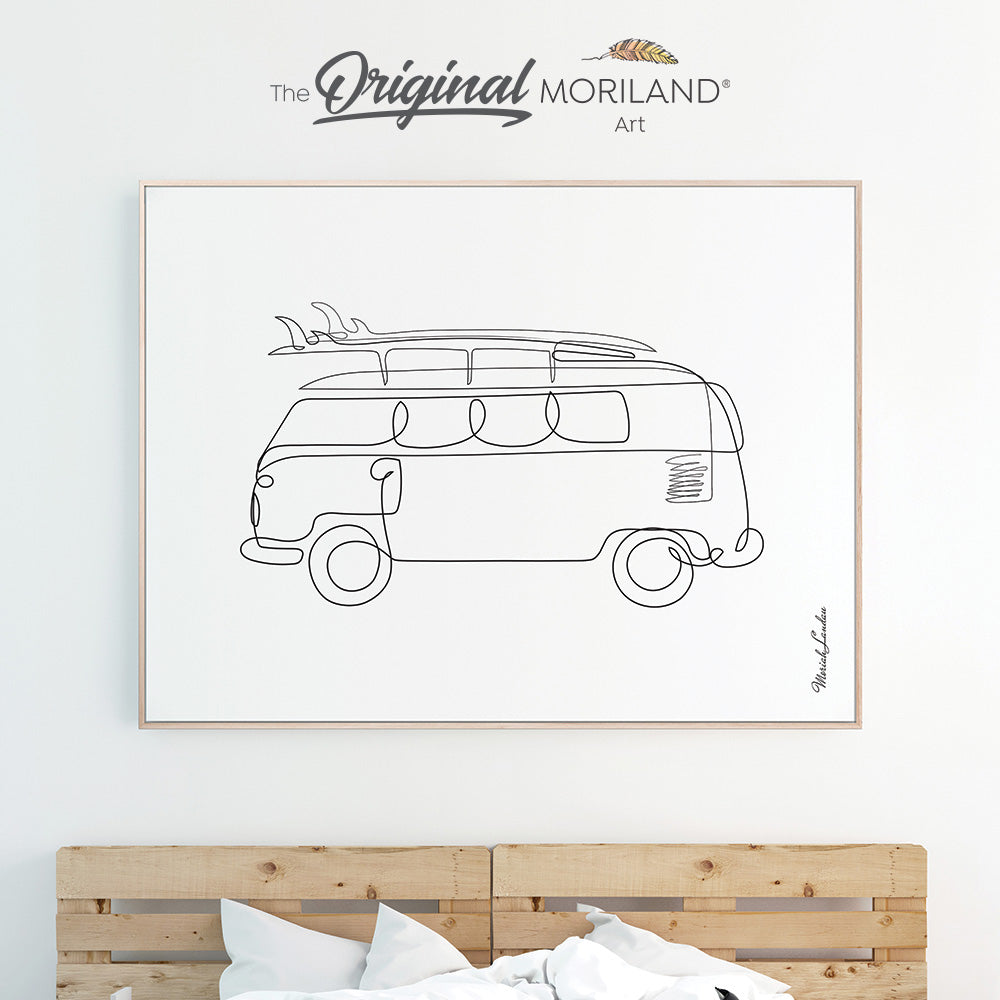 One line art drawing of van with surfboard for bedroom minimalist decor by MORILAND