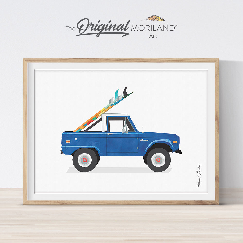watercolor vintage truck with surfboard printable wall art print for kids bedroom 