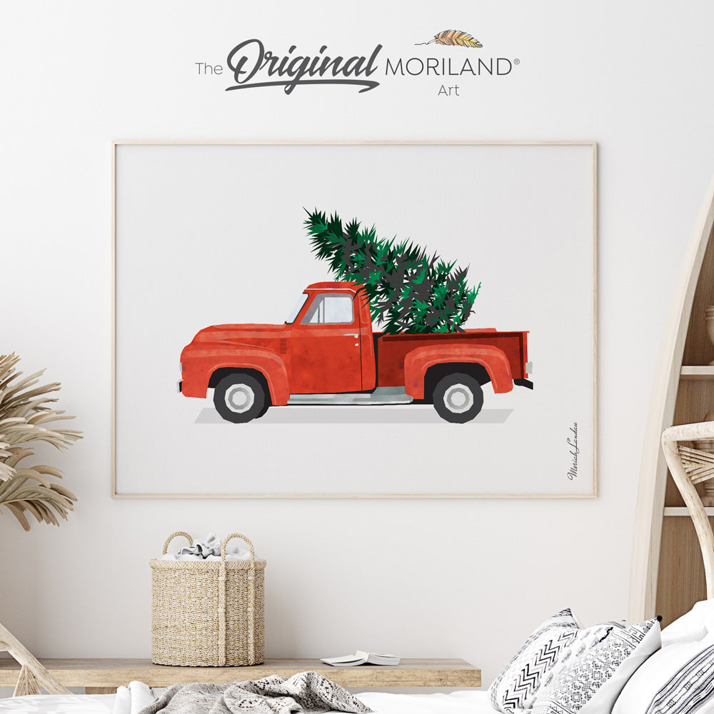 Old Christmas Red Truck with a Tree Fine Art Paper Print for Christmas decorations by MORILAND