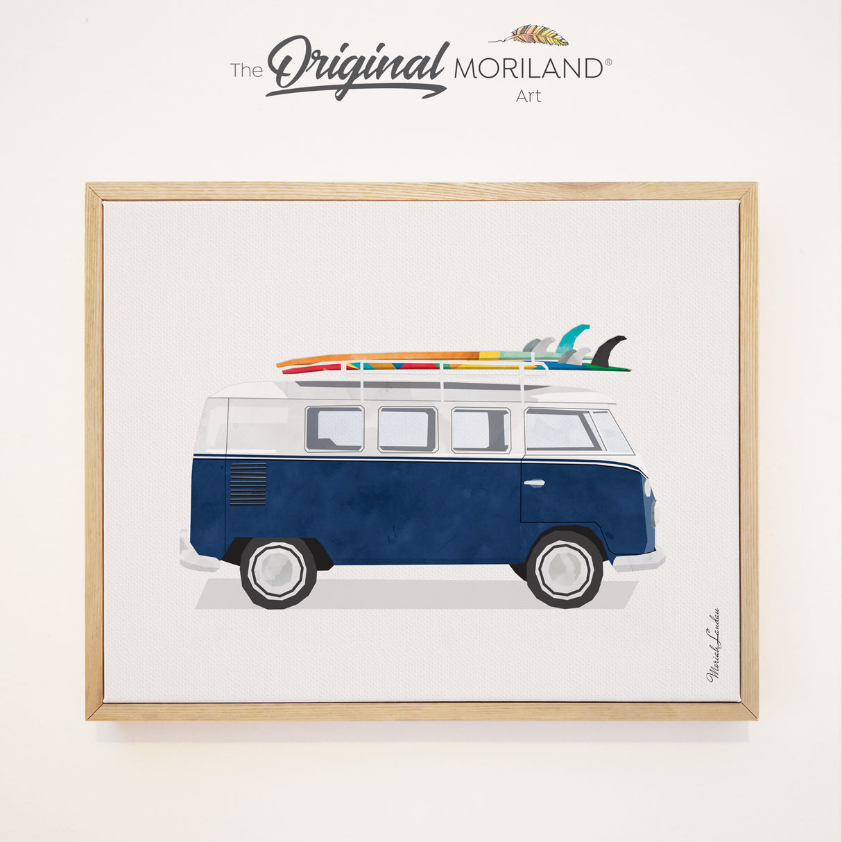 Navy Blue Van with Surfboard - Framed Canvas Print | Van Print, Classic Car Art, Boys Nursery Decor, Vintage Surf Printable, Girl Boy Room Wall Decor, Bus Decor, Surfboard, Surf Decor, Transportation Decor, Vehicle Print, Kids Wall Art by MORILAND