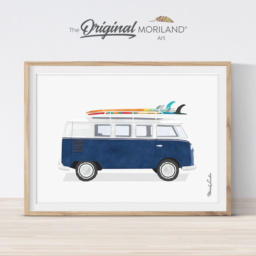 navy blue van with surfboard illustration wall art for bedroom  