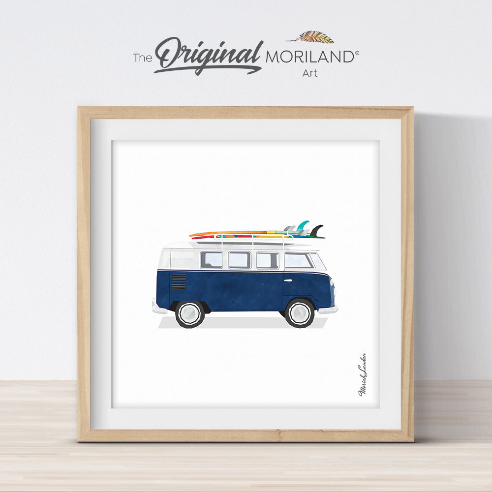 Navy Blue Van with Surfboard Print - Printable Art