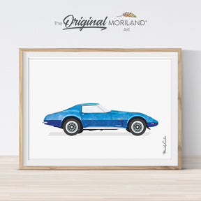 1976 corvette stingray, Blue classic sporty car digital wall art – printable vintage-style decor for boy’s nursery, toddler room, or dorm wall by MORILAND