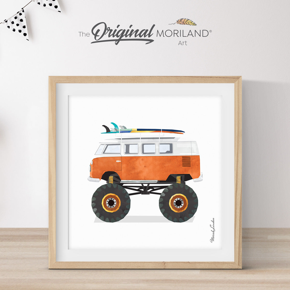 Burnt Orange Monster Truck Van with Surfboard Print - Printable Art