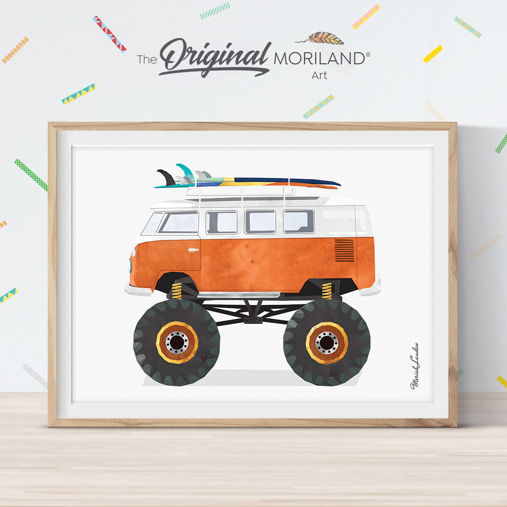 Burnt Orange Monster Truck Van with Surfboard Print - Printable Art