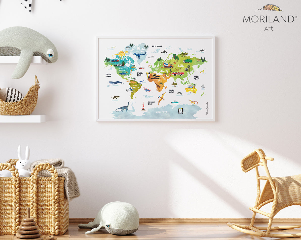 Transportation, Dinosaurs & Animals World Map Print - Printable Art